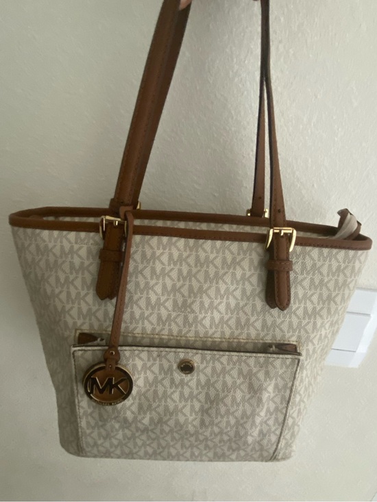 Michael Kors Handbags - Michael Kors Cream MK Monogram Tote with Brown Trim